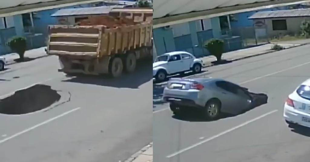 VIDEO: Carro es devorado por un socavón que se abrió al pasar un camión. Noticias en tiempo real