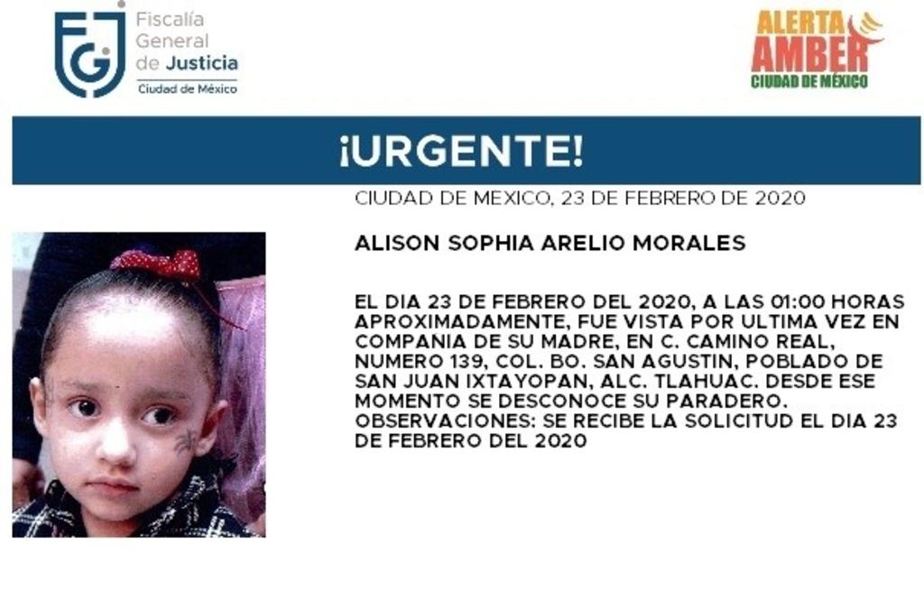 Alerta Ámber por niña de tres años desaparecida en Tláhuac. Noticias en tiempo real