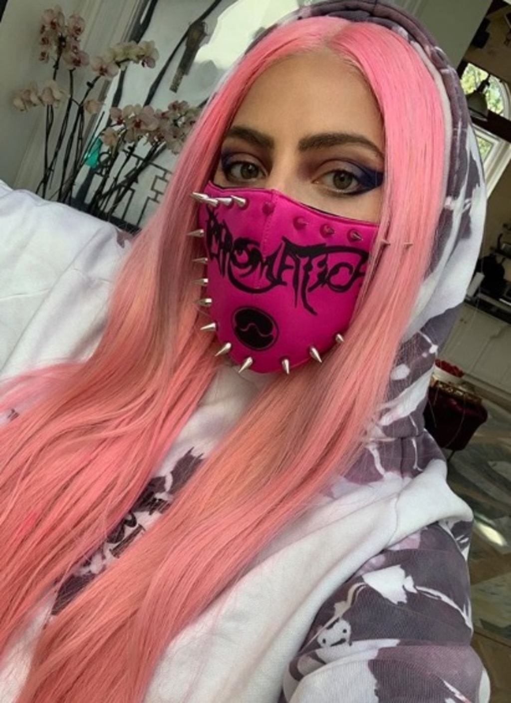 Lady Gaga usa mascarilla rosa con púas. Noticias en tiempo real