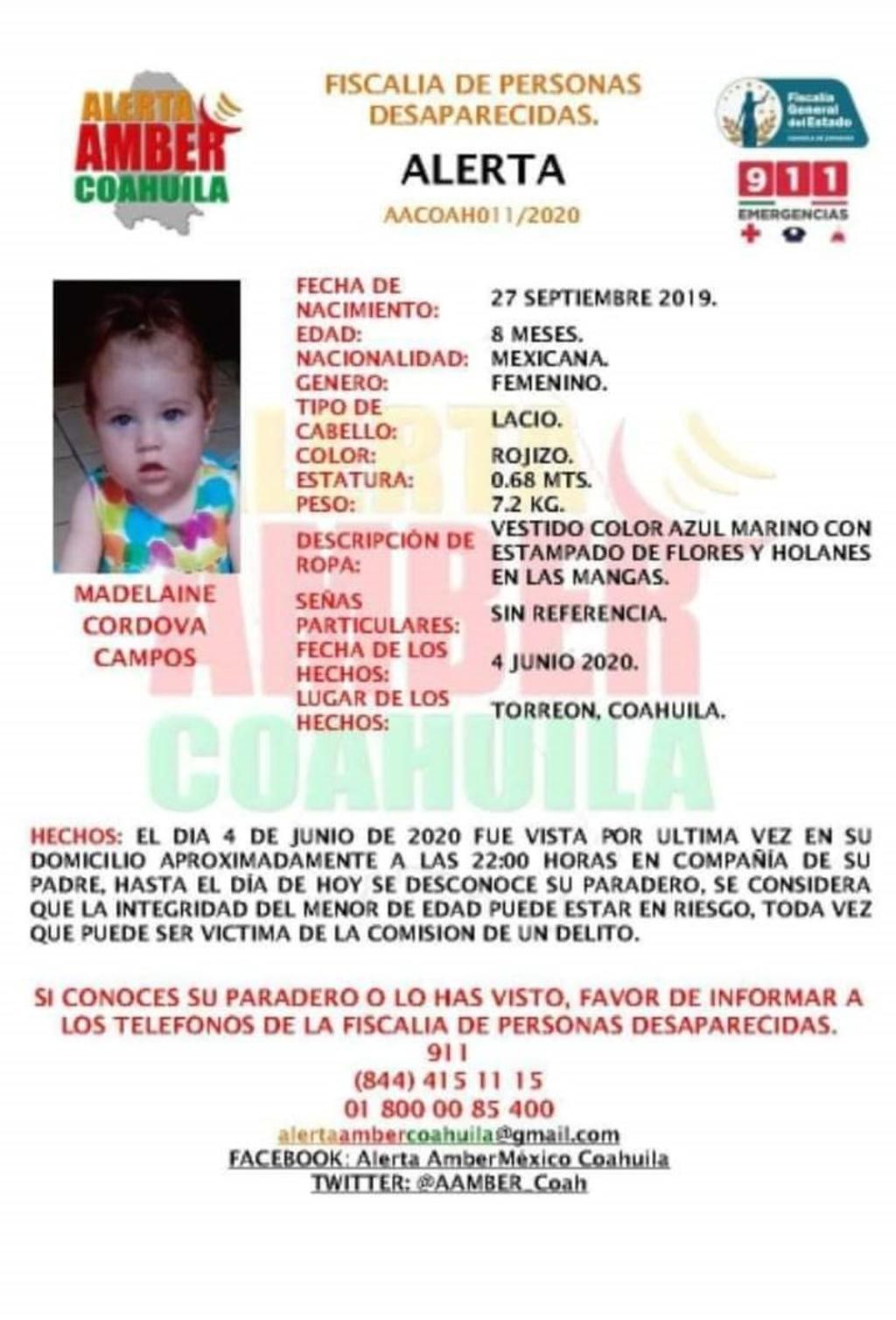 Emiten Alerta Amber en Torreón por bebé desaparecida. Noticias en tiempo real