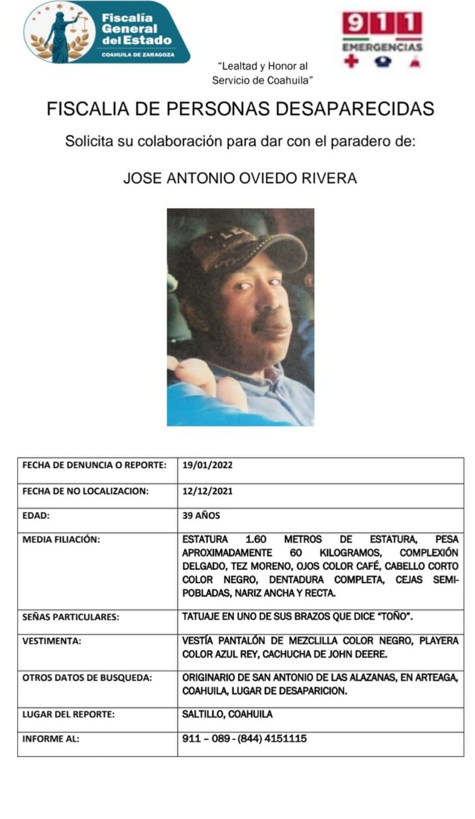 Piden apoyo para localizar a hombre reportado como desaparecido en Saltillo