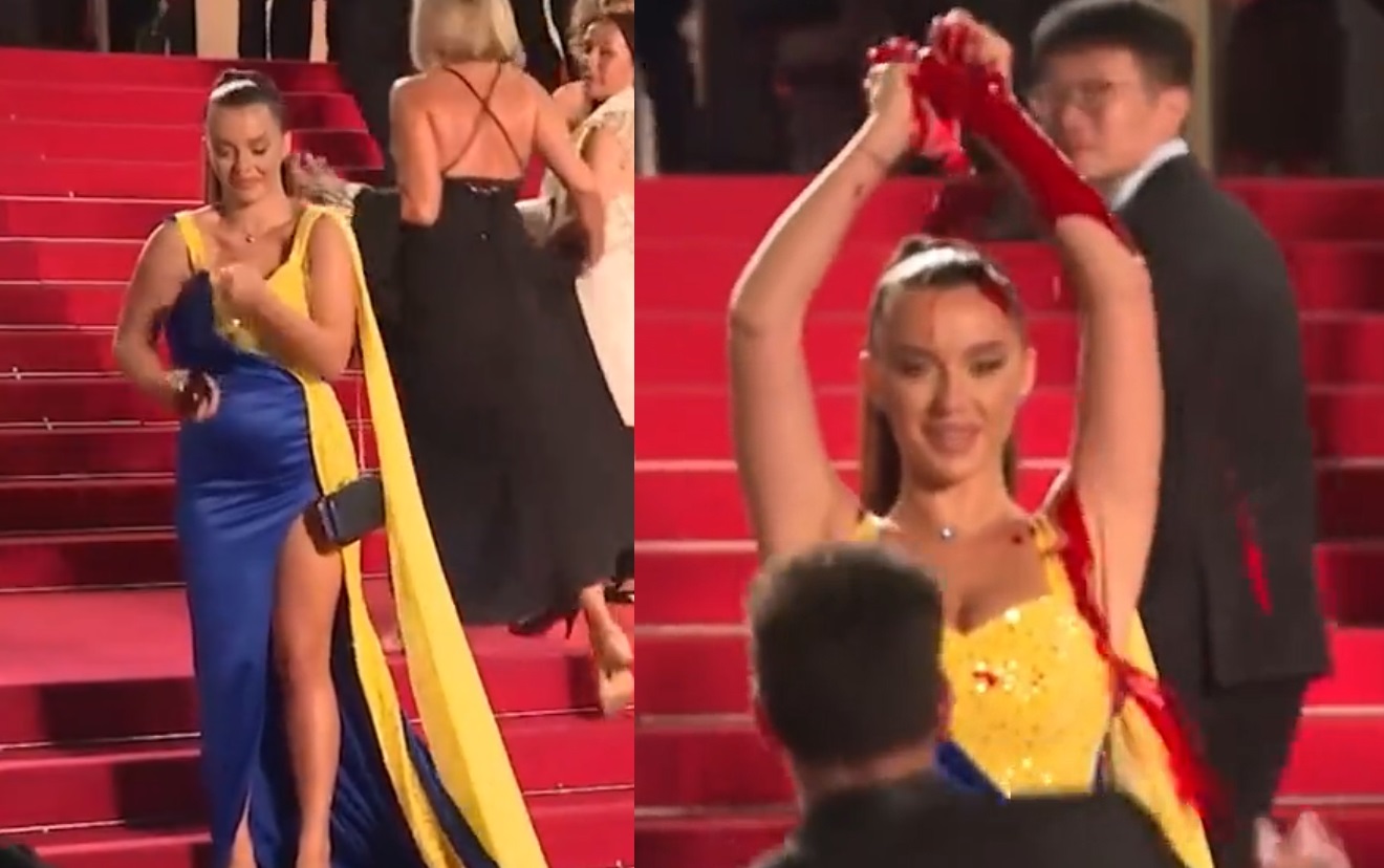 Activista llega a Cannes vistiendo colores de la bandera de Ucrania para teñirse de sangre falsa. Noticias en tiempo real