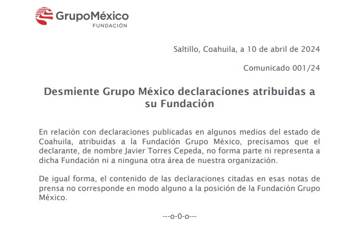 Desmiente Grupo México declaraciones atribuidas a su Fundación. Noticias en tiempo real